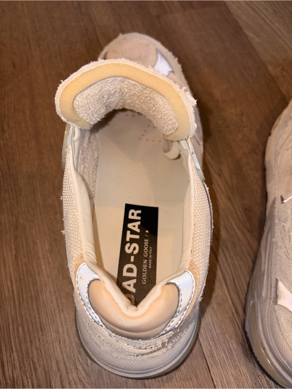 Golden Goose Dad-Star Distressed Sneakers – White/Cream/Silver Men’s Size 44